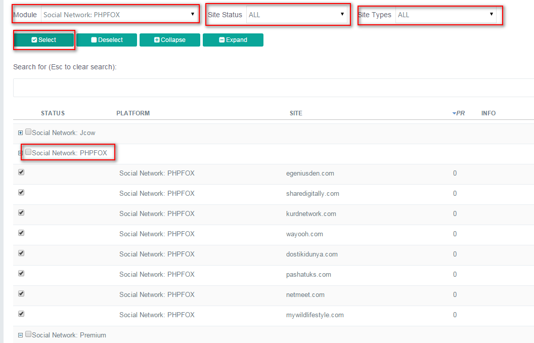Site List select Social Network PHPFOX sites