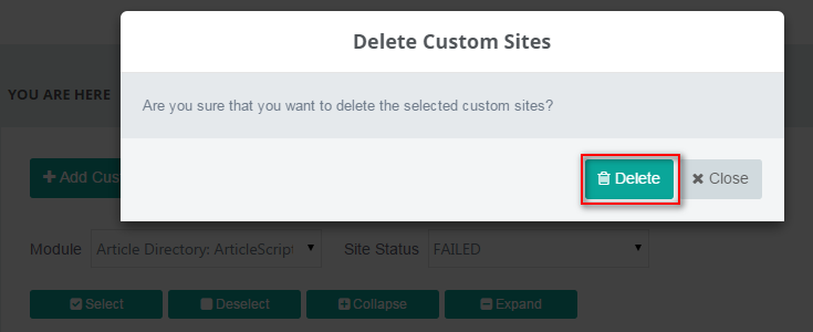 Confirm Delete Custom Sites