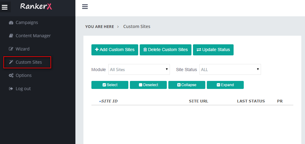 Custom Sites page